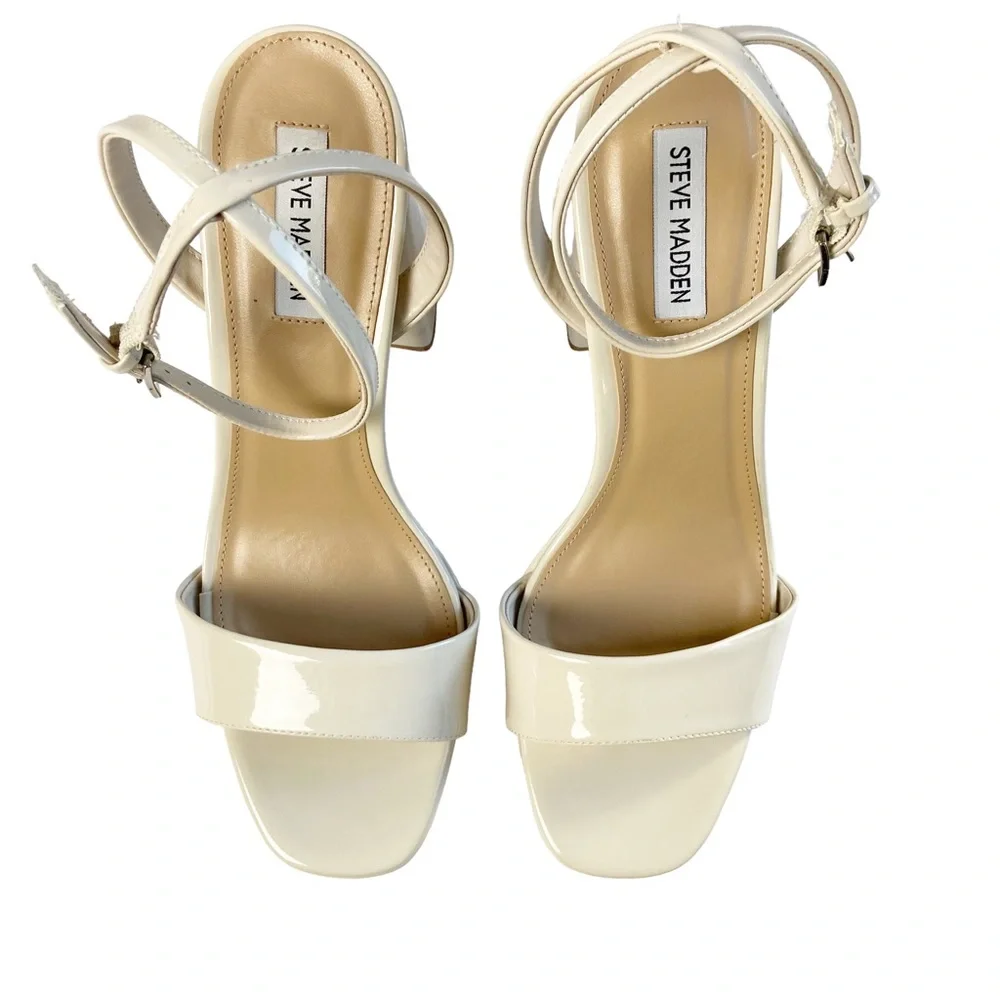 Steve Madden Lessa Patent Platform Heels Bone Nude Ankle Strap Size 10
